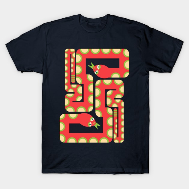 TWO RETRO GRAPHIC SNAKES Geometric Bright Red Green - UnBlink Studio by Jackie Tahara T-Shirt by UnBlink Studio by Jackie Tahara